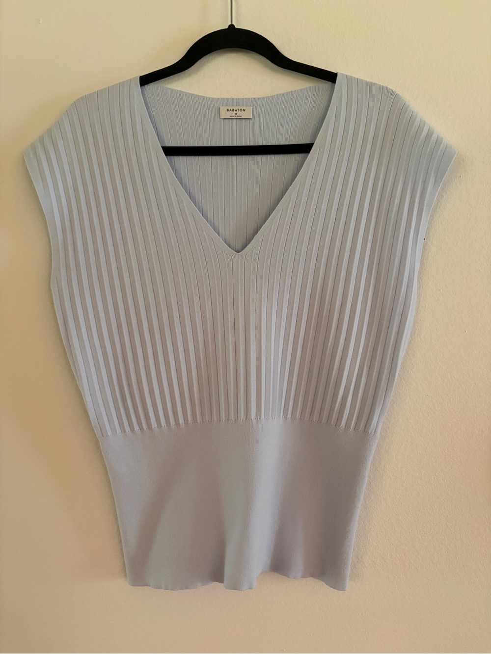 Babaton Pale Blue Ribbed V-Neck Knit Top
